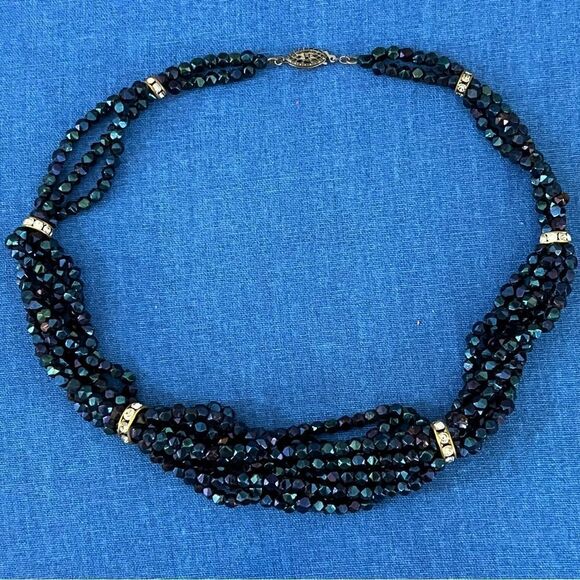 Vintage Iridescent‎ Blue Beaded Diamondesque Rope Choker Necklace - Picture 4 of 11